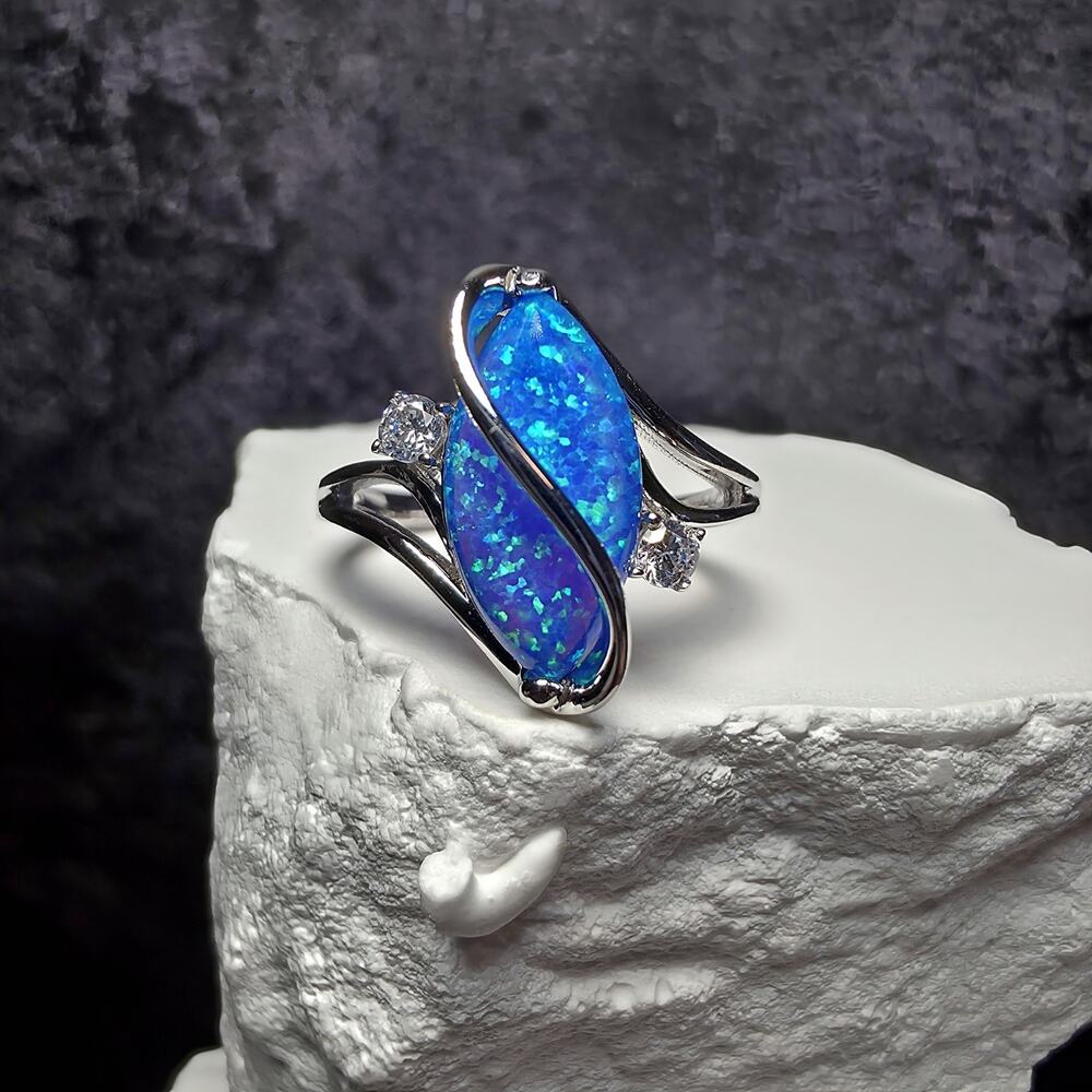 Size 7 Genuine Blue Fire Opal Marquise Bypass Ring CZ Solid 925 Sterling Silver